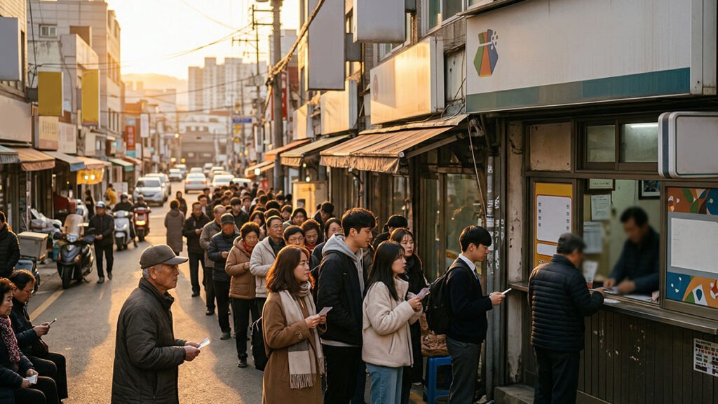 로또 명당의 비밀 – 유명 복권 판매점 앞에 길게 늘어선 대기 줄 이미지