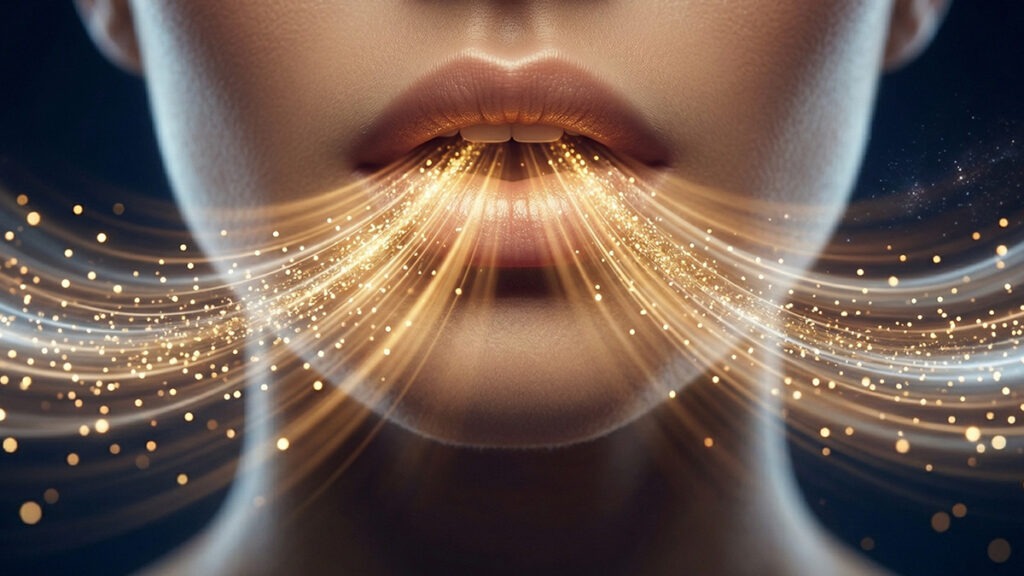 행운을 부르는 말버릇 – 입에서 황금빛 에너지가 흘러나오는 언어의 힘을 표현한 이미지