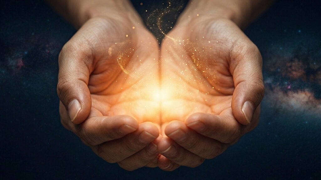 행운을 부르는 말버릇 감사 – 두 손에 담긴 따뜻한 빛으로 감사와 풍요를 표현한 이미지