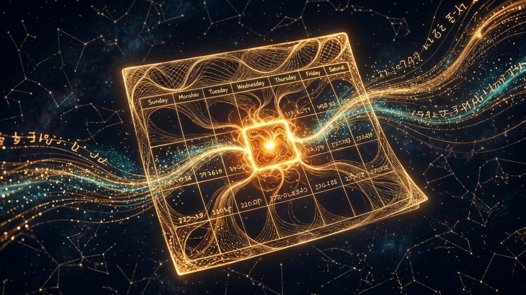 AI 행운 날짜 예측 – 황금빛으로 빛나는 행운의 날짜 캘린더 개념 이미지