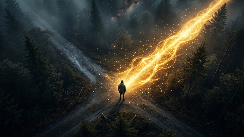 AI 행운 날짜 예측 전략 – 행동해야 할 날과 인내해야 할 날의 기로를 표현한 갈림길 이미지