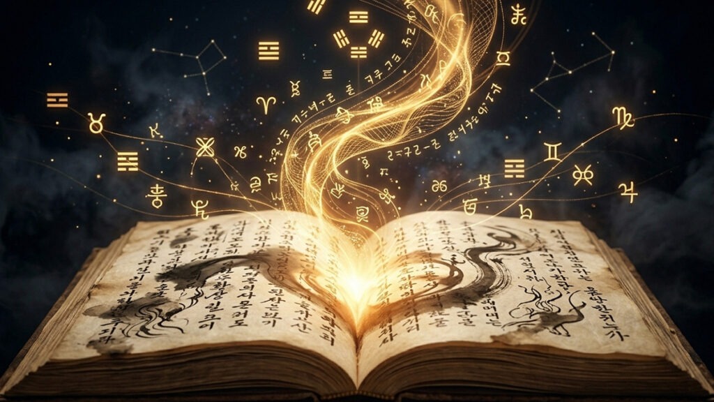 사주 로또 당첨운 – 명리학 사주팔자와 횡재수 기운을 표현한 신비로운 이미지