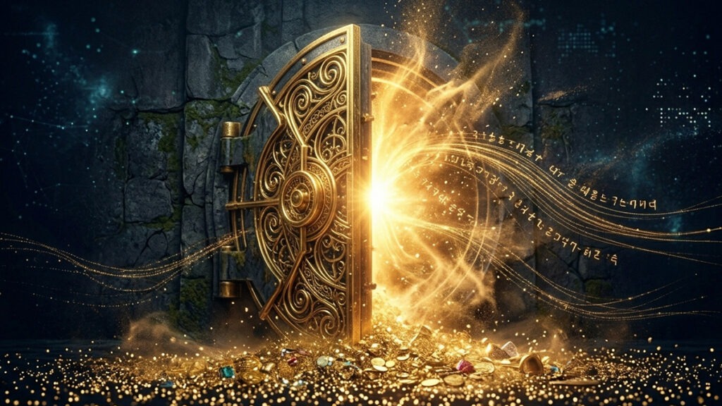 사주 로또 당첨운 개고 – 잠자던 재물 창고가 열리는 골든 타임을 표현한 이미지