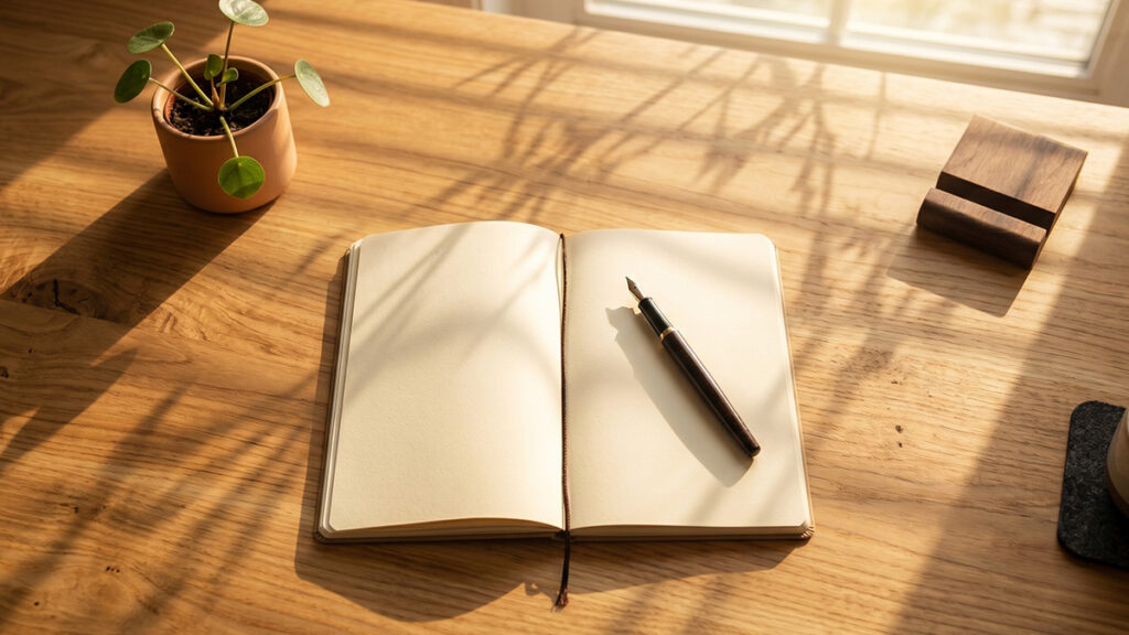 부자의 습관 – 정돈된 책상과 기록 습관을 표현한 미니멀 아침 이미지