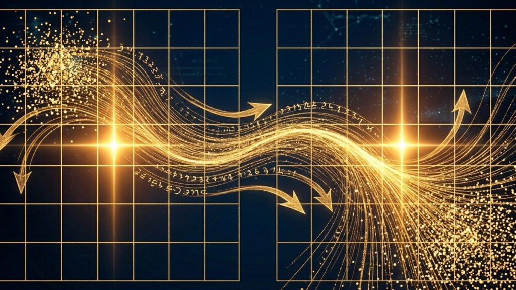 로또 당첨 패턴 분석 흐름 – 이전 회차에서 다음 회차로 에너지가 이동하는 패턴을 표현한 이미지