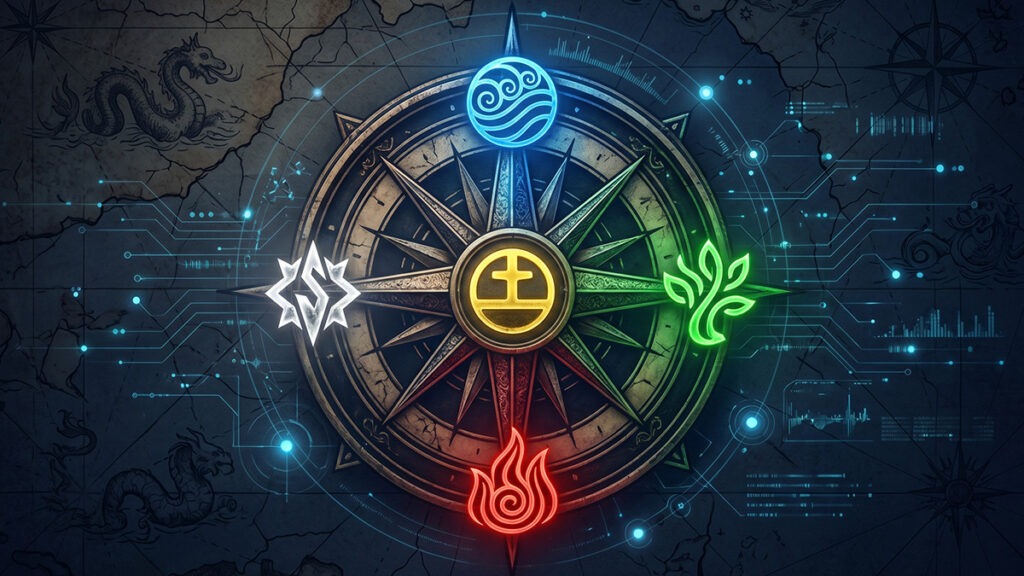 사주 행운 장소 방향 – 오행의 다섯 방향과 각 기운을 표현한 나침반 이미지