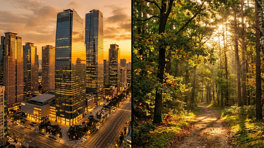 사주 행운 장소 유형 – 금(金) 기운의 금융가와 목(木) 기운의 숲 환경을 대비한 이미지
