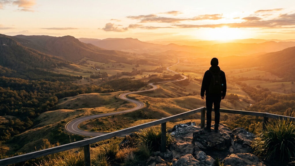 사주 행운 장소 여행 – 방위 이동으로 새로운 기운을 맞이하는 여행의 시작을 표현한 이미지