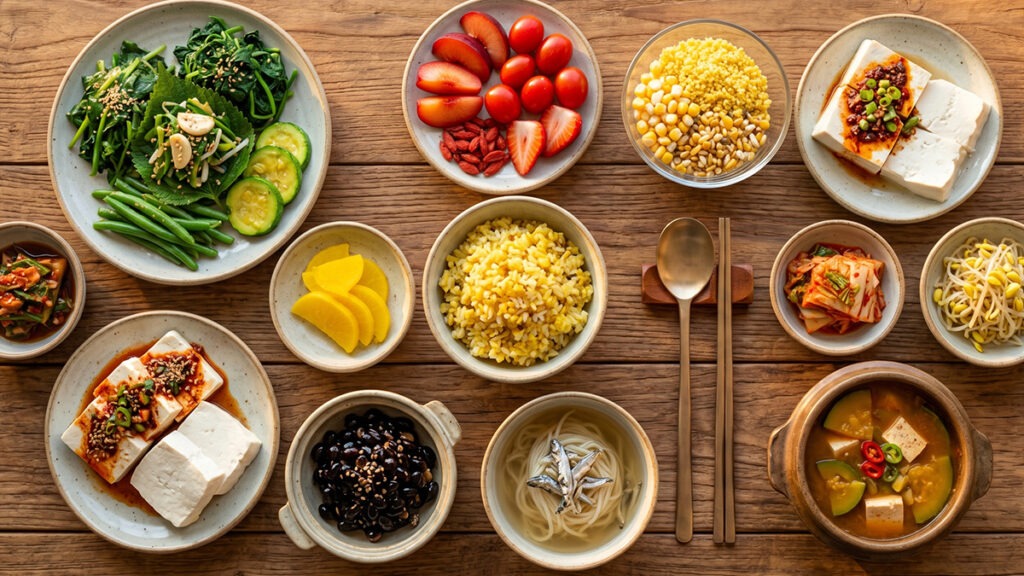 행운을 부르는 식습관 – 오행의 다섯 가지 색상 음식이 조화롭게 차려진 밥상 이미지