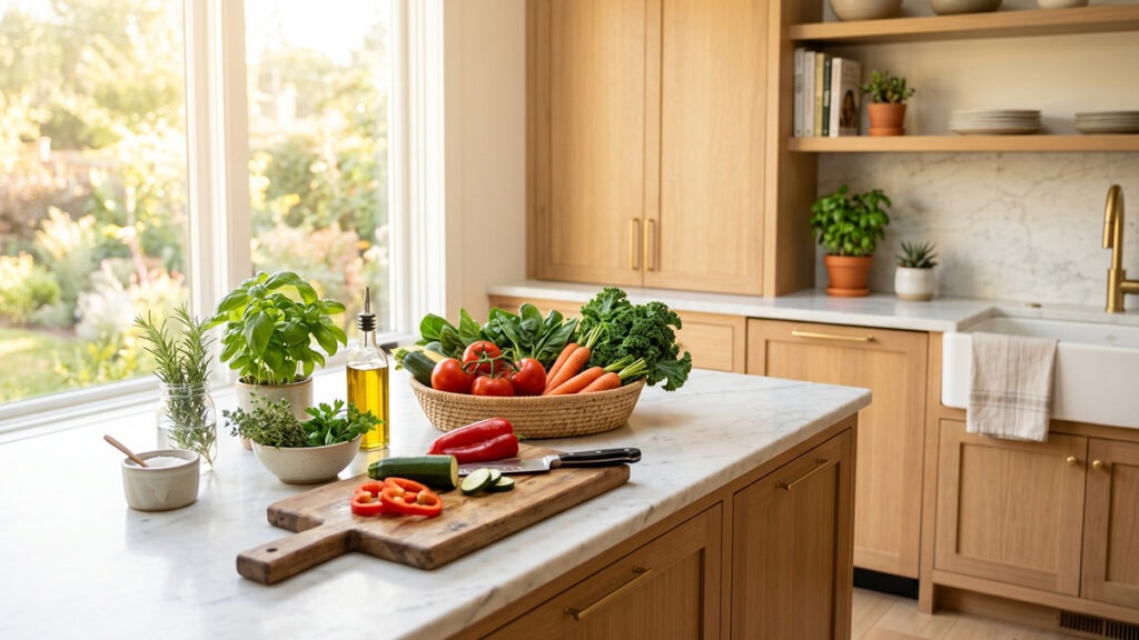행운을 부르는 식습관 주방 – 정갈하고 밝은 주방 환경이 재물운의 원천임을 표현한 이미지