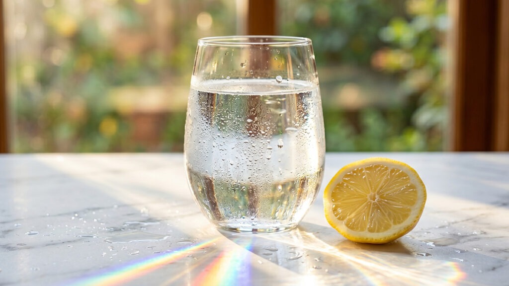 행운을 부르는 식습관 물 – 아침 햇살 속 맑은 물 한 잔이 재물운을 깨우는 이미지