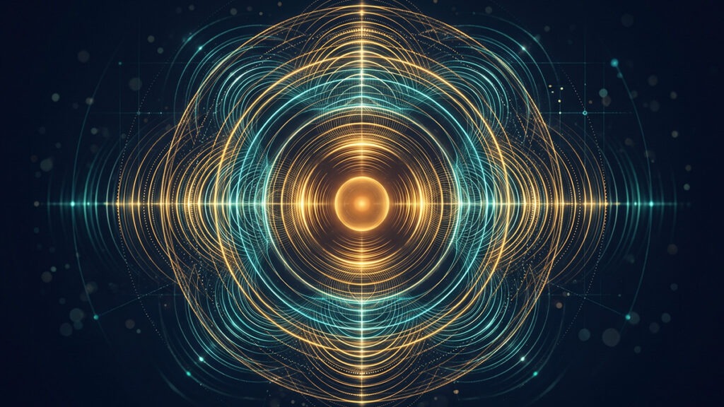 행운을 부르는 목소리 – 목소리에서 황금빛 에너지 파동이 퍼져나가는 음성 공명 이미지