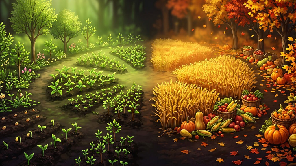 2026년 하반기 재물운 비교 – 상반기 성장과 하반기 수확의 변화를 표현한 타임라인 이미지