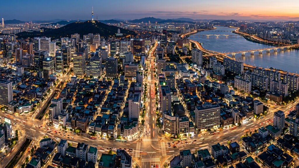 로또 당첨 지역 통계 – 서울 도심 항공 사진으로 인구 밀도와 당첨 집중 지역을 표현한 이미지