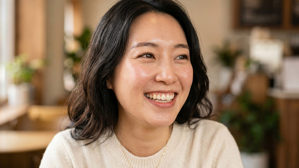 AI 관상 분석 표정 – 밝고 긍정적인 미소로 재물운 신호를 발산하는 표정 이미지