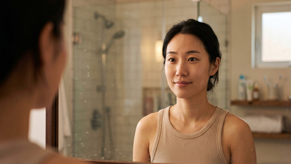 행운을 부르는 아침 습관 확언 – 욕실 거울 앞에서 긍정 확언을 실천하는 한국 여성의 아침 이미지