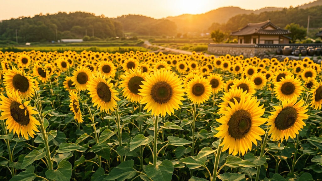 스마트폰 바탕화면 풍수 추천 이미지 – 황금빛 해바라기 들판이 재물운 배경화면으로 적합한 이유를 보여주는 이미지