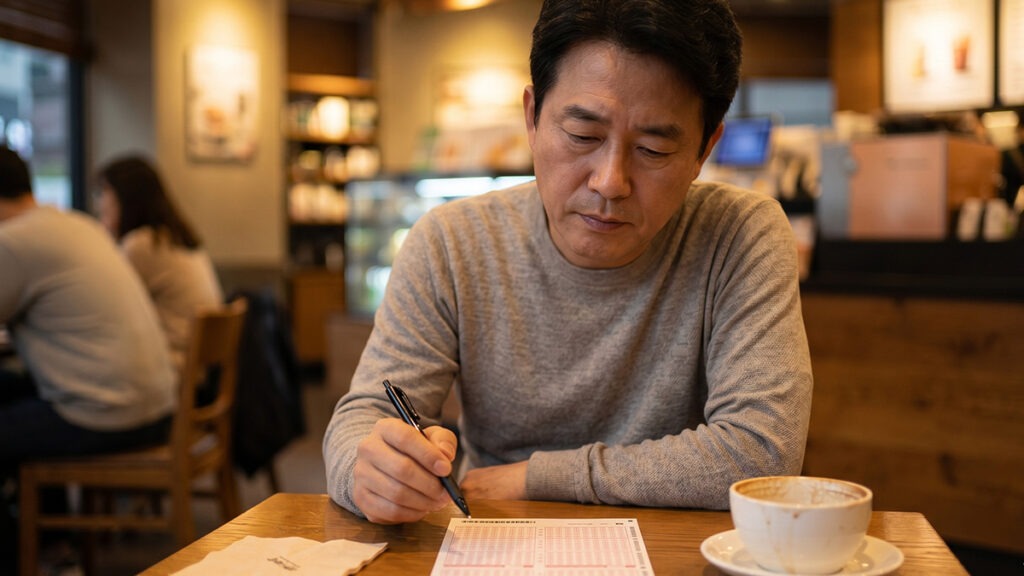 로또 수동 사주 번호 고르기 – 수동 번호 선택 앞에서 신중하게 고민하는 모습을 표현한 이미지
