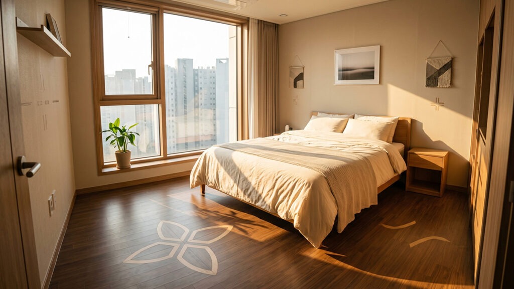 real photograph of a Korean apartment bedroom showing compass directions concept, bed positioned near window with warm morning light from the east, clean minimal decor, warm neutral tones, no people, photorealistic, shot on Sony A7IV, 35mm lens, wide angle, absolutely no text, no signage, no labels, NO illustration, NO CGI