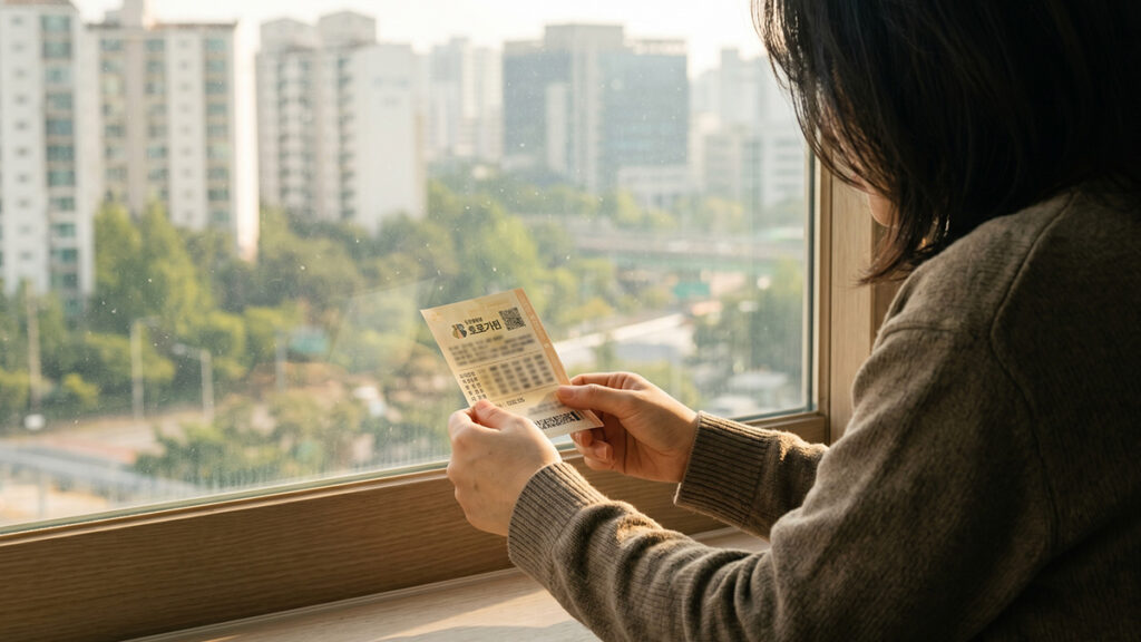 편재 사주 로또 구매 – 맑은 아침 창가에서 여유롭게 로또 티켓을 들고 있는 모습