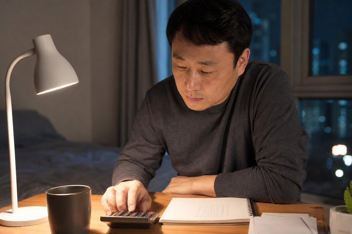 로또 당첨금 세금 – 늦은 밤 책상에서 계산기로 실수령액을 계산하는 모습