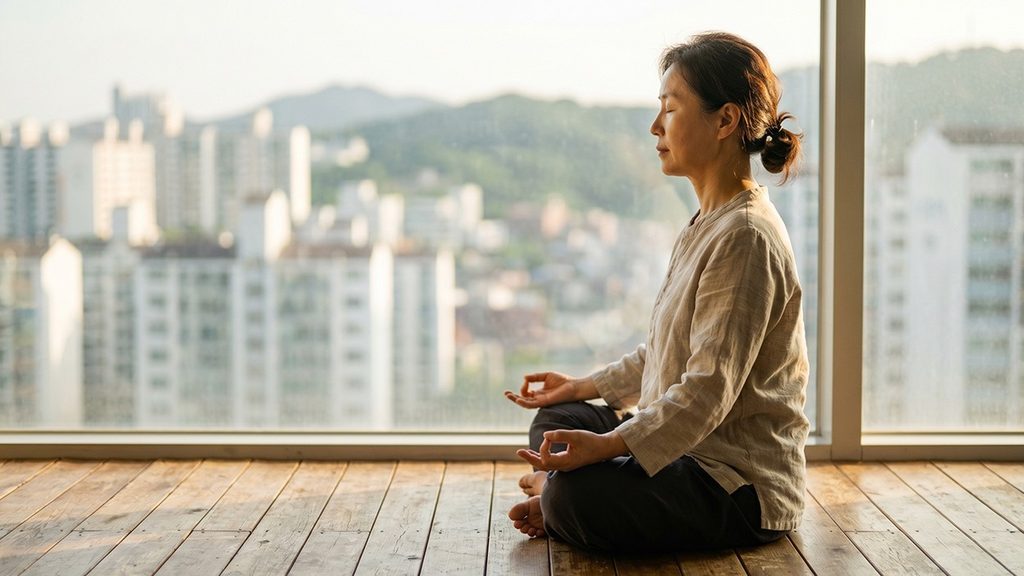 로또 당첨 시각화 – 아침 햇살 속에서 목표를 차분히 떠올리는 명상 장면
