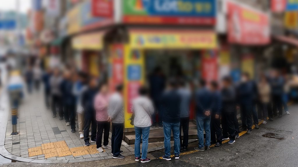로또 명당 이유 – 당첨 현수막이 걸린 인기 복권방 앞에 줄 선 도시 풍경
