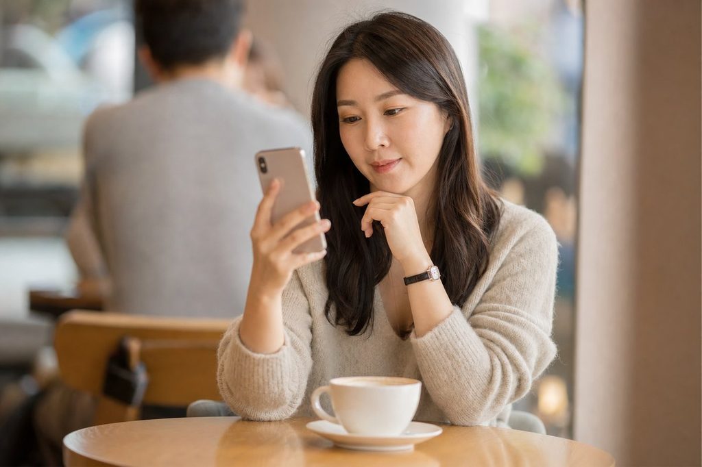 AI 운세 – 카페에서 스마트폰으로 운세 앱을 확인하는 사람