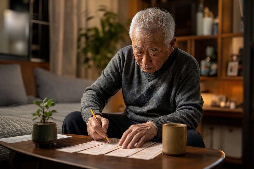 AI 로또 번호 예측 – 손으로 번호를 표시하는 남성