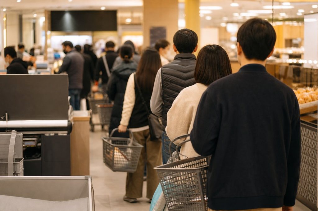 로또 구매 시간대 – 저녁 시간 붐비는 마트 계산대 줄 풍경