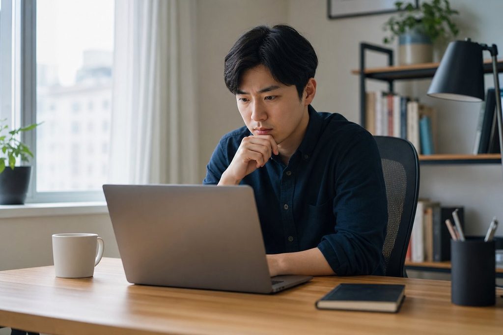 AI 재물운 예측 – 개인정보 입력 전 화면을 꼼꼼히 살펴보는 모습