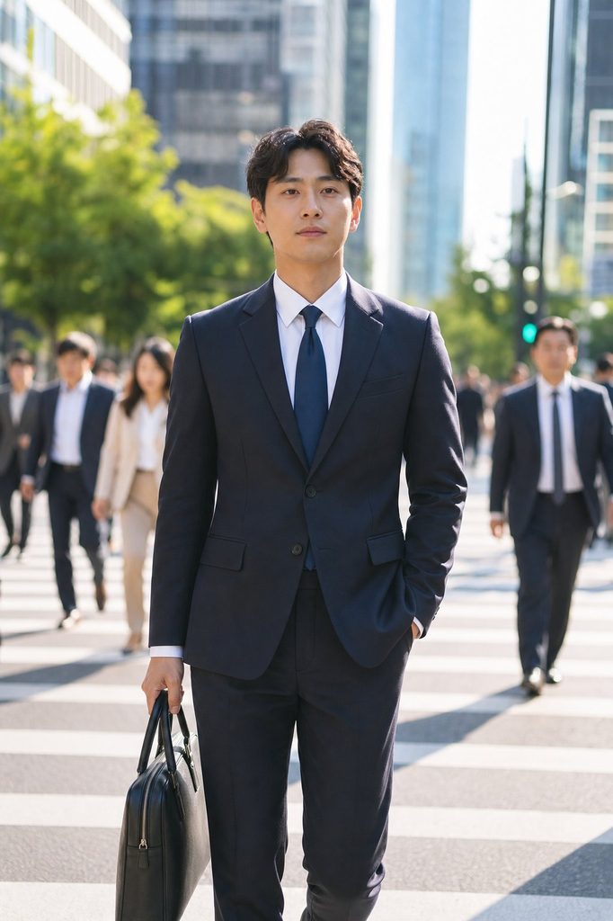 재물운 높이는 방법 – 한국 도심 출근길에서 자신감 있게 걷는 모습