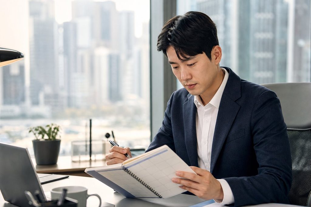 관성 뜻 – 정해진 계획표를 점검하며 하루를 시작하는 직장인의 규칙적인 아침
