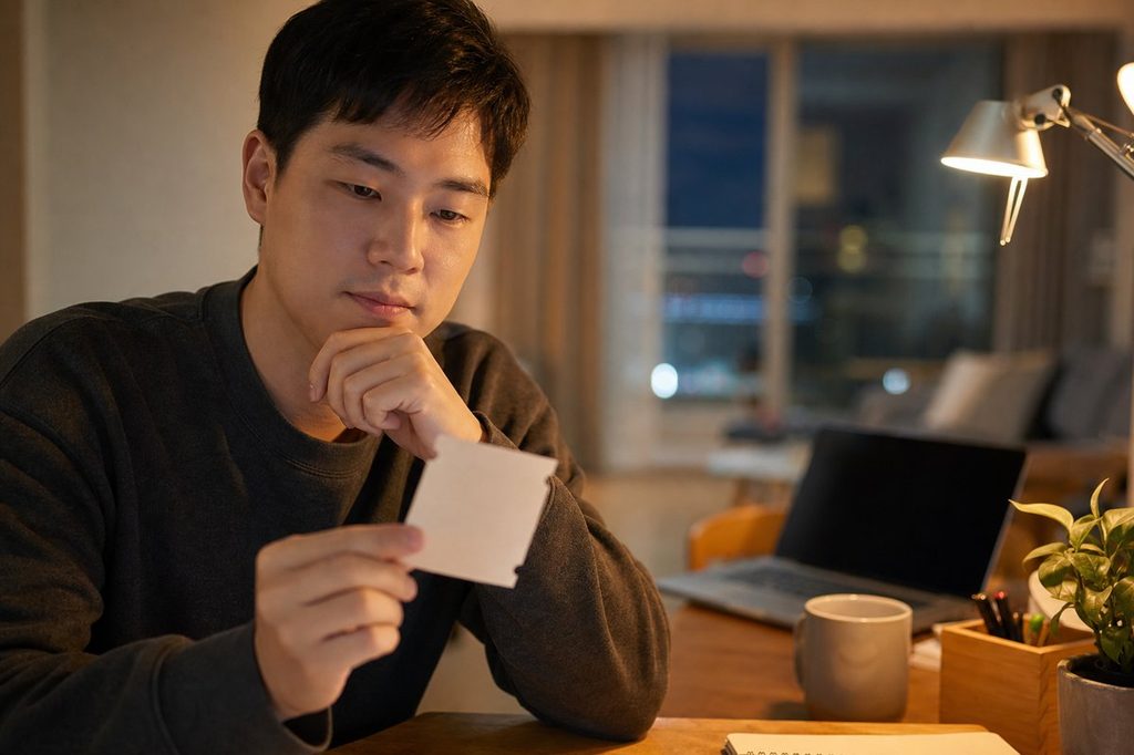 로또 자동번호 생성 원리 – 로또 용지를 들고 생각에 잠긴 모습