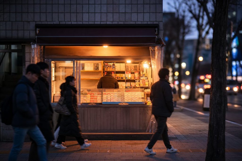 로또 미출현 번호 – 로또 판매점 앞을 지나가는 저녁 풍경