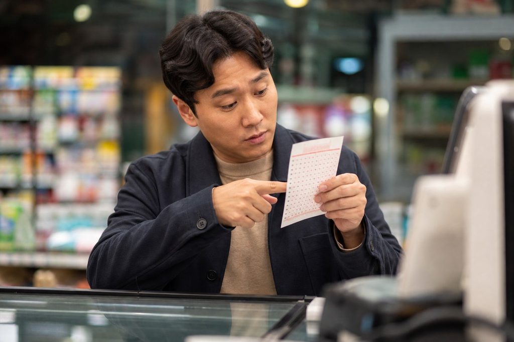 로또 연속 번호 – 용지에 적힌 연속된 숫자를 살펴보는 모습