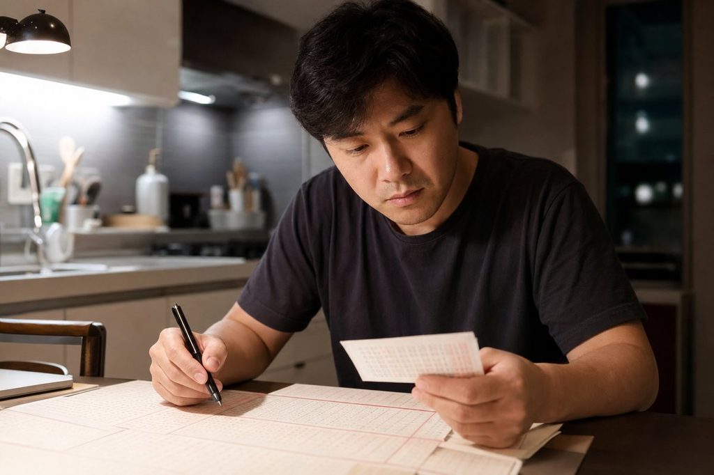 로또 미출현 번호 – 지난 회차 번호를 살피며 오래 안 나온 번호를 고민하는 모습