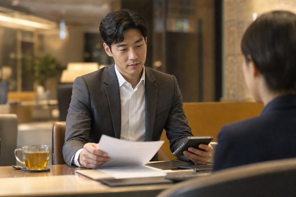 로또 실수령액 계산 – 은행 창구에서 서류와 계산기를 살펴보는 모습