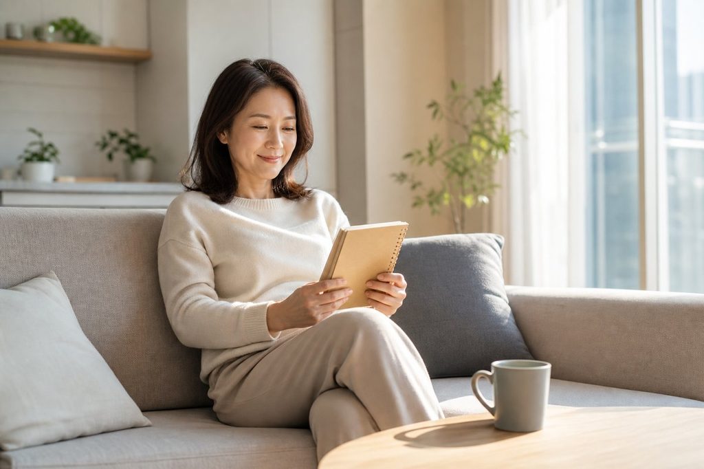 로또 실수령액 계산 – 거실에서 여유롭게 자산 계획을 정리하는 모습