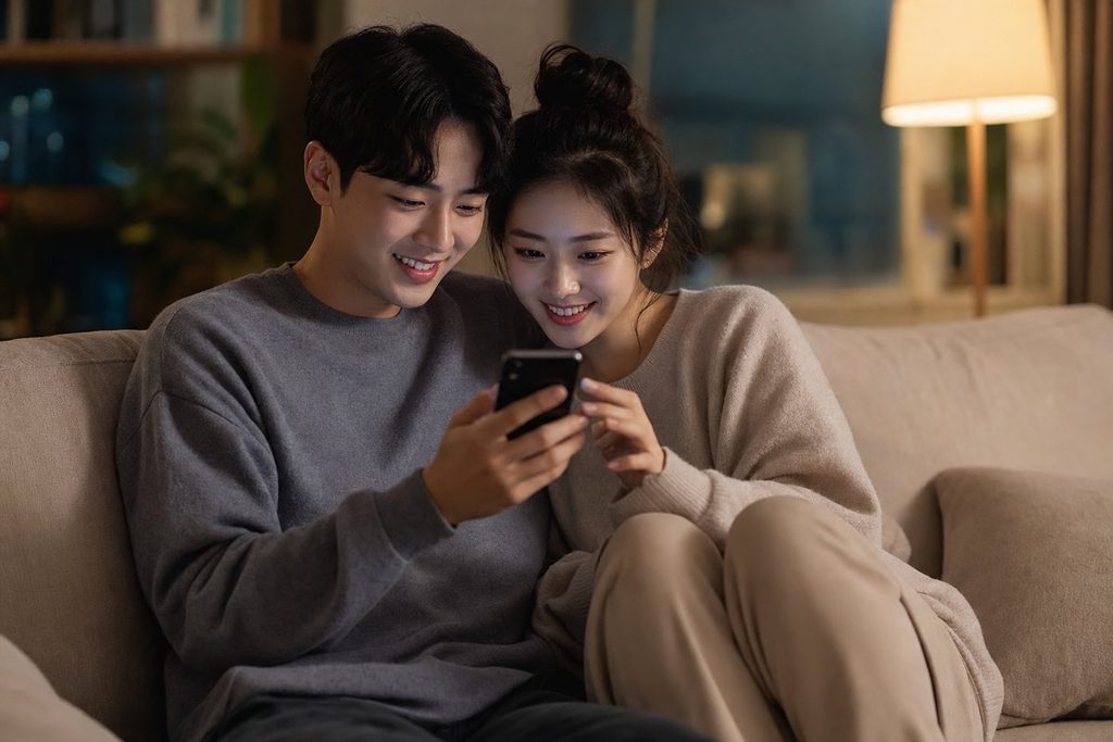 로또 번호 조합 확률 – 저녁에 스마트폰으로 당첨을 기다리는 부부