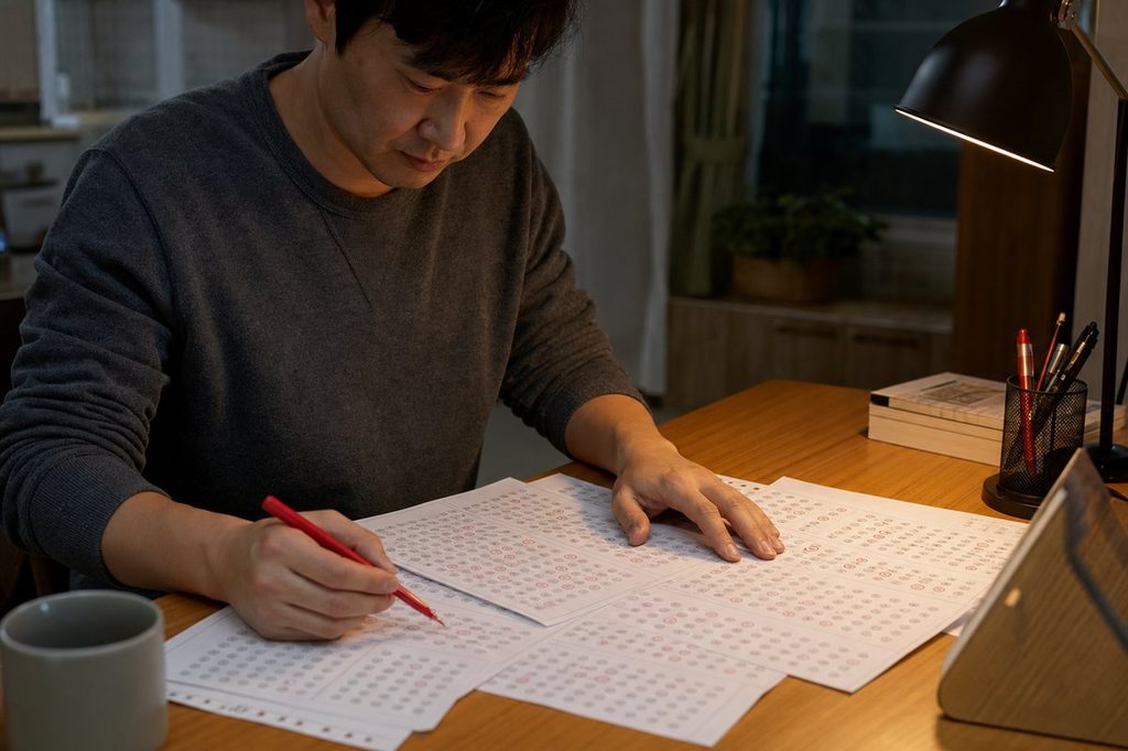 로또 번호 패턴 – 지난 회차 결과지를 늘어놓고 규칙을 찾아보려는 모습