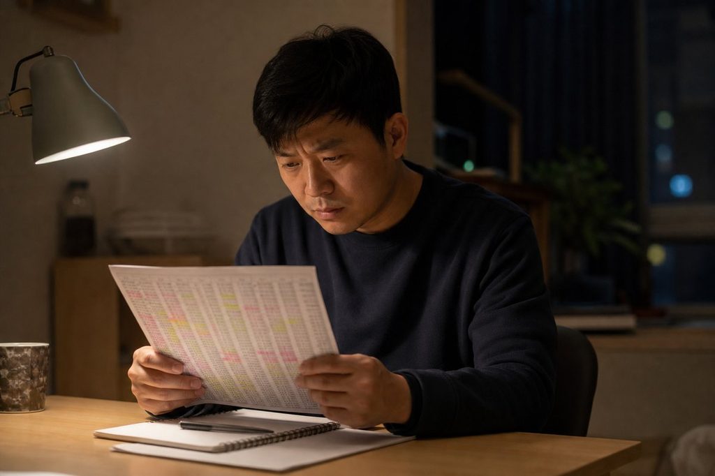 로또 당첨 번호 통계 – 최다 출현 번호가 적힌 표를 살펴보는 모습