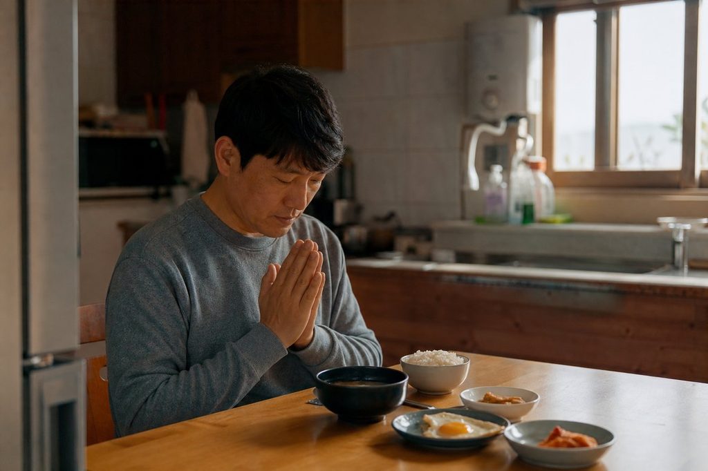 행운을 부르는 식습관 – 식사 전 감사 인사를 건네는 모습