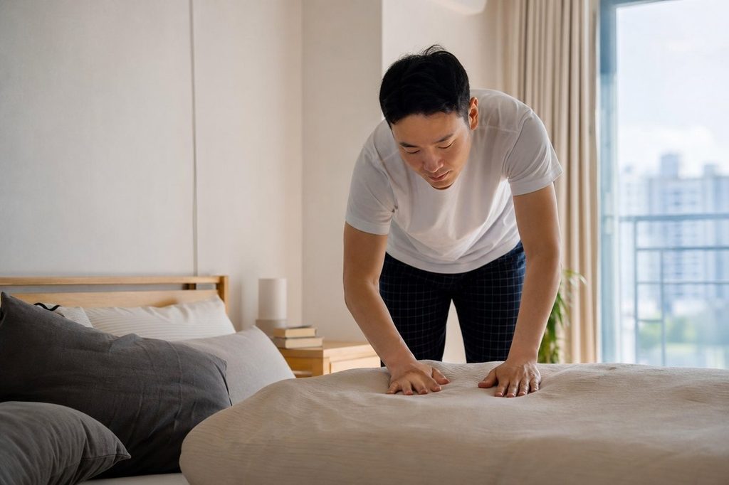 행운을 부르는 아침 습관 – 정갈하게 이불을 정리하는 아침 모습