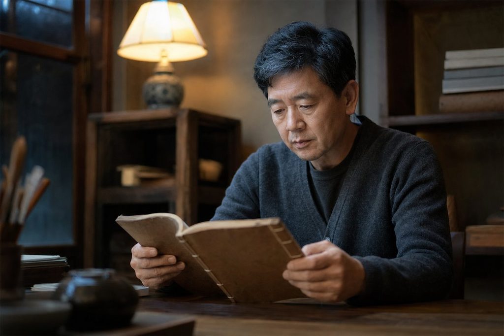 사주 귀인운 – 전통 명리학 문헌을 조용히 살펴보는 모습