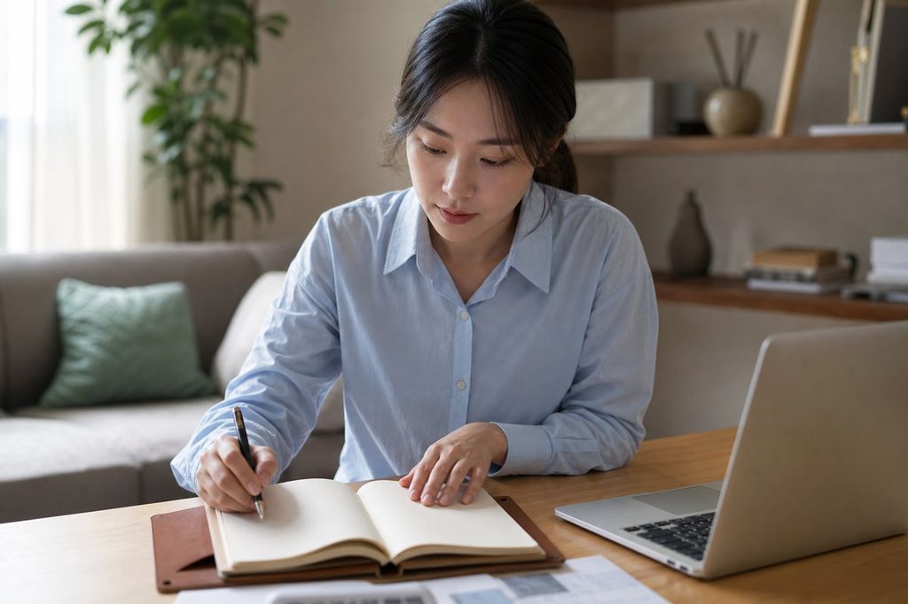 사주 재성 – 수도꼭지에서 물이 흐르듯 꾸준히 들어오는 급여를 정리하는 모습