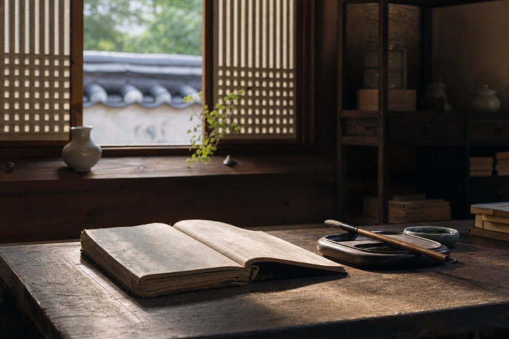 사주 행운 숫자 – 전통 명리학 서책이 놓인 서재 풍경