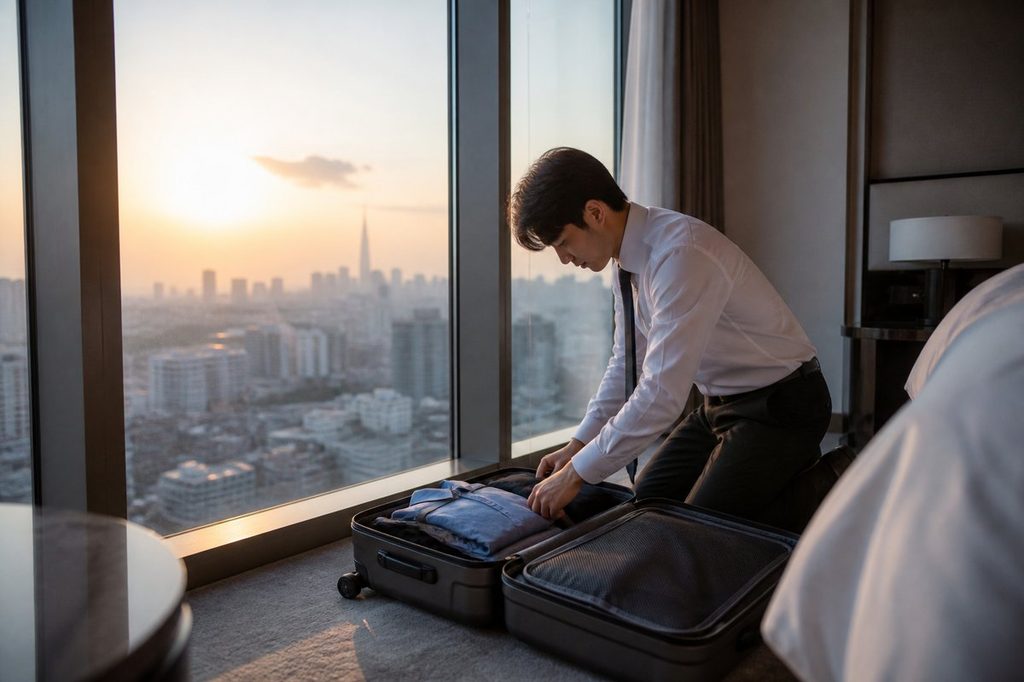 사주 역마살 – 아침 햇살 속 여행 가방을 꾸리는 사람