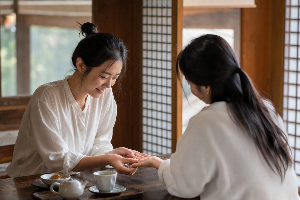 재물운 손금 – 손금을 보며 대화를 나누는 모습