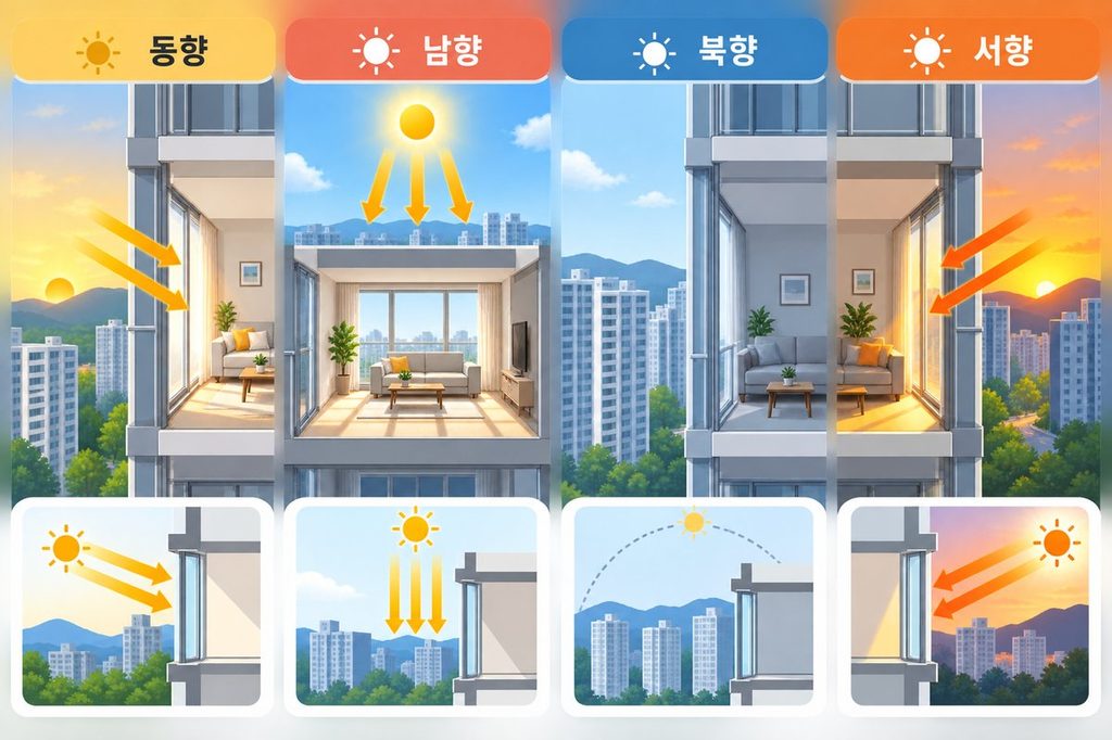 동·남·북·서향 창문의 일조 방향과 채광 특성 비교 인포그래픽